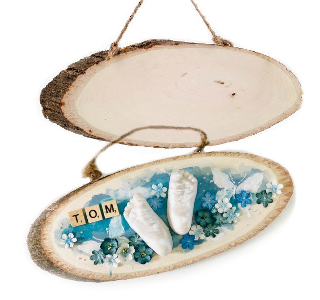 Holzscheibe, oval mit Naturkordel, 14 x 34 cm - z.B. für Baby 3D-Abdrücke - Mommy & Baby