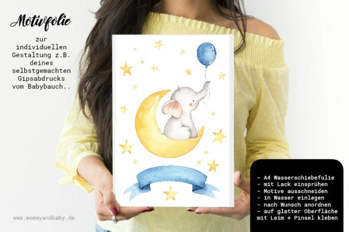 Motivfolie "Baby Elefant im Mond & Sterne" gelb, blau - A4 zum Aufkleben, im Aquarelldesign - Mommy & Baby