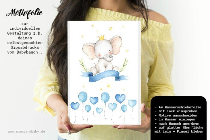Motivfolie "Elefantenbaby, Prinz & Balloons" blau, A4 - zum Aufkleben, im Aquarelldesign - Mommy & Baby